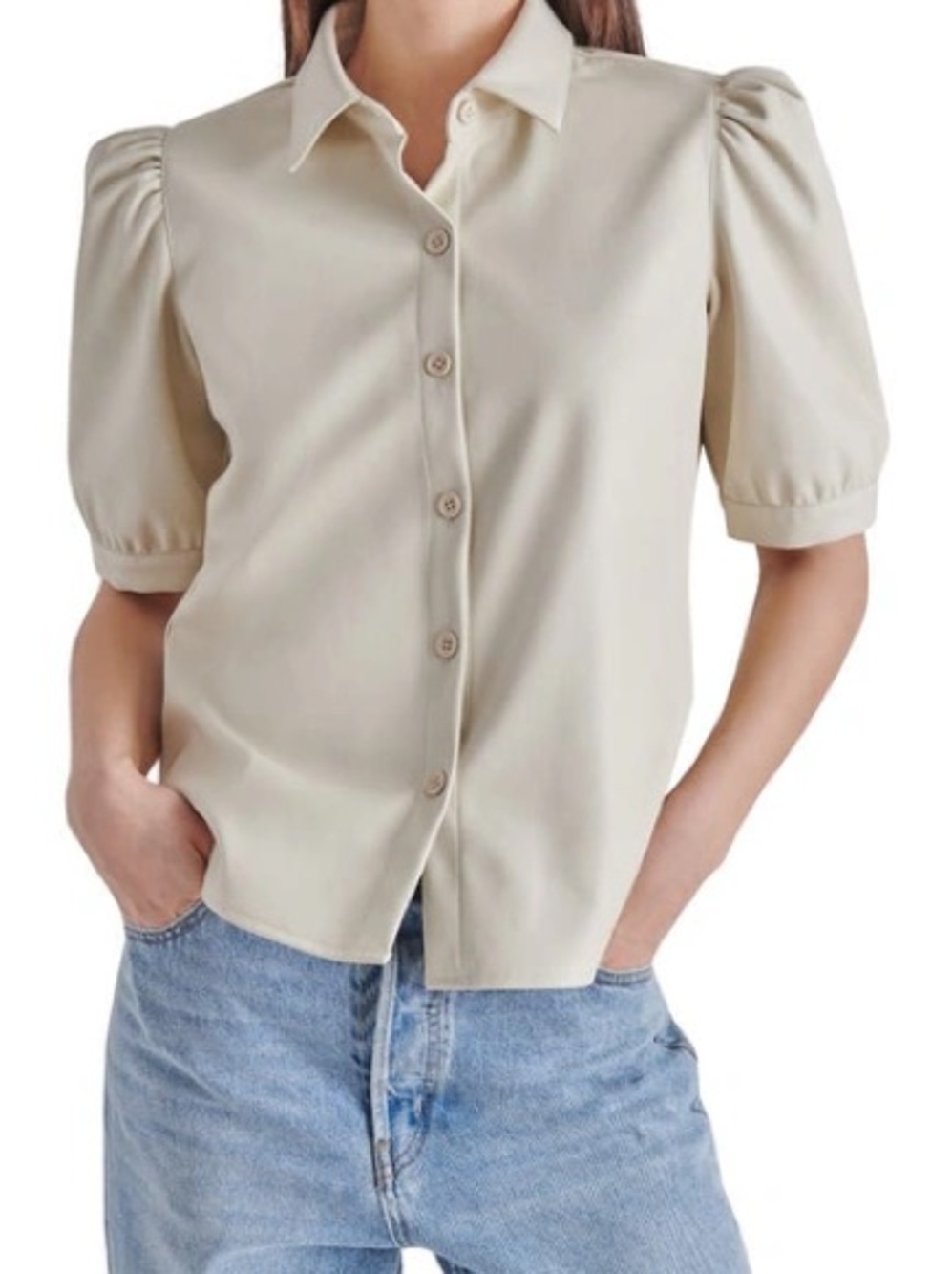 Classic Women's Button-Front Puff Sleeve Faux Leather Blouse — Cream